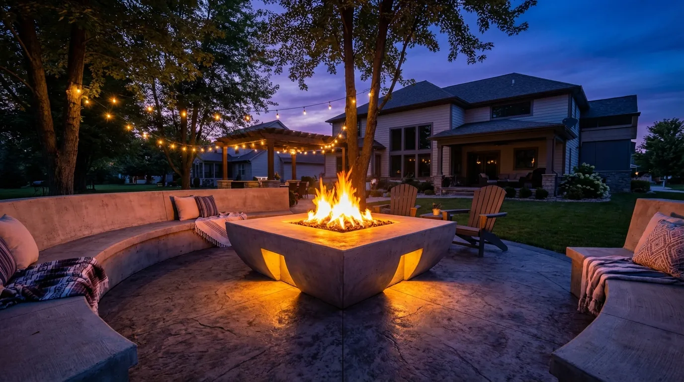 Custom concrete fire pit with seating wall built by Hoosier Concrete Construction in Northwest Indiana Custom concrete fire pit with seating wall built by Hoosier Concrete Construction in Northwest Indiana